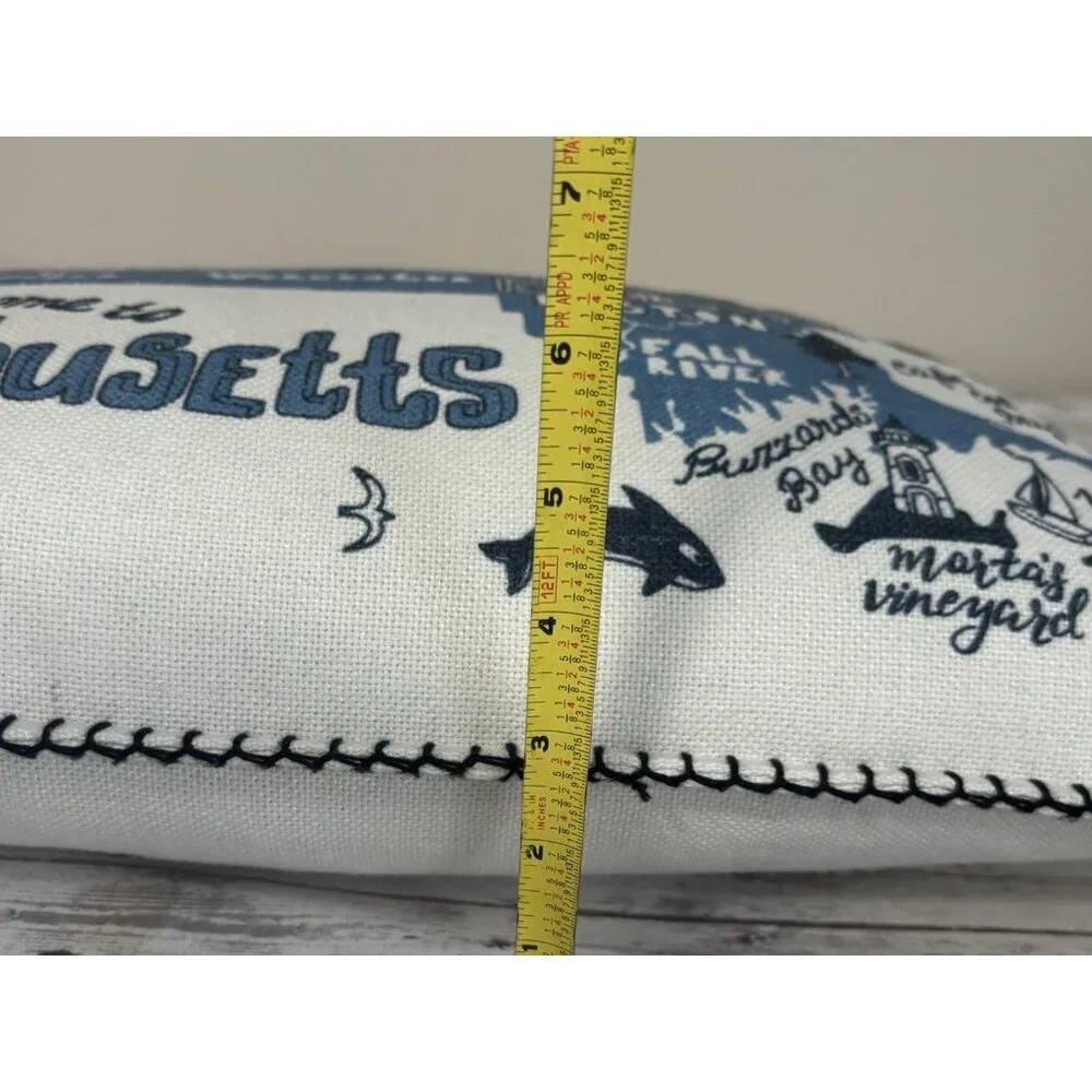 Massachusetts Map Decorative Pillow Rectangle Cotton Throw 20x13” Cape Cod Blue